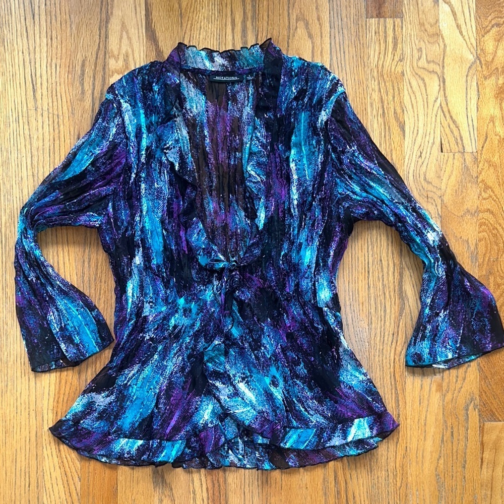 Notations Teal Blue Purple Metallic Sheer Cowl Neck Blouse
